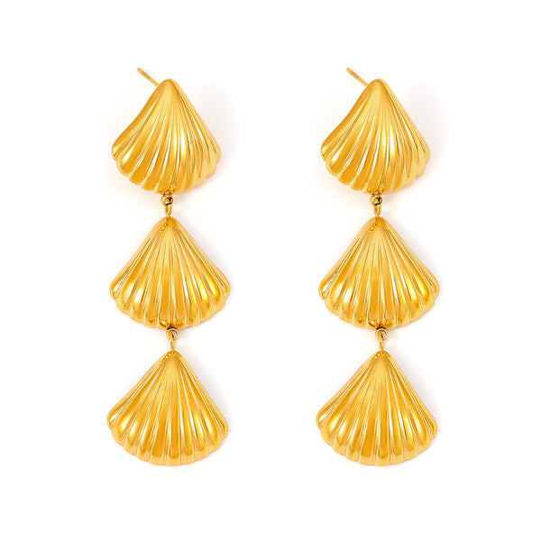 Cross-border ocean series beach wind three shell fringed earrings European and American retro temperament design stainless steel gold-plated