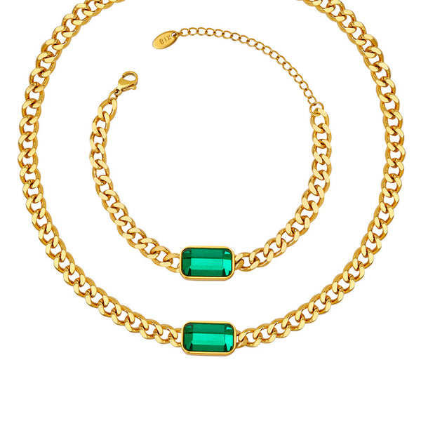 Thick Chain Cuban Chain Metal Hip Hop Green Black Glass Stone Necklace Personalized Fashion Bracelet Jewelry Set