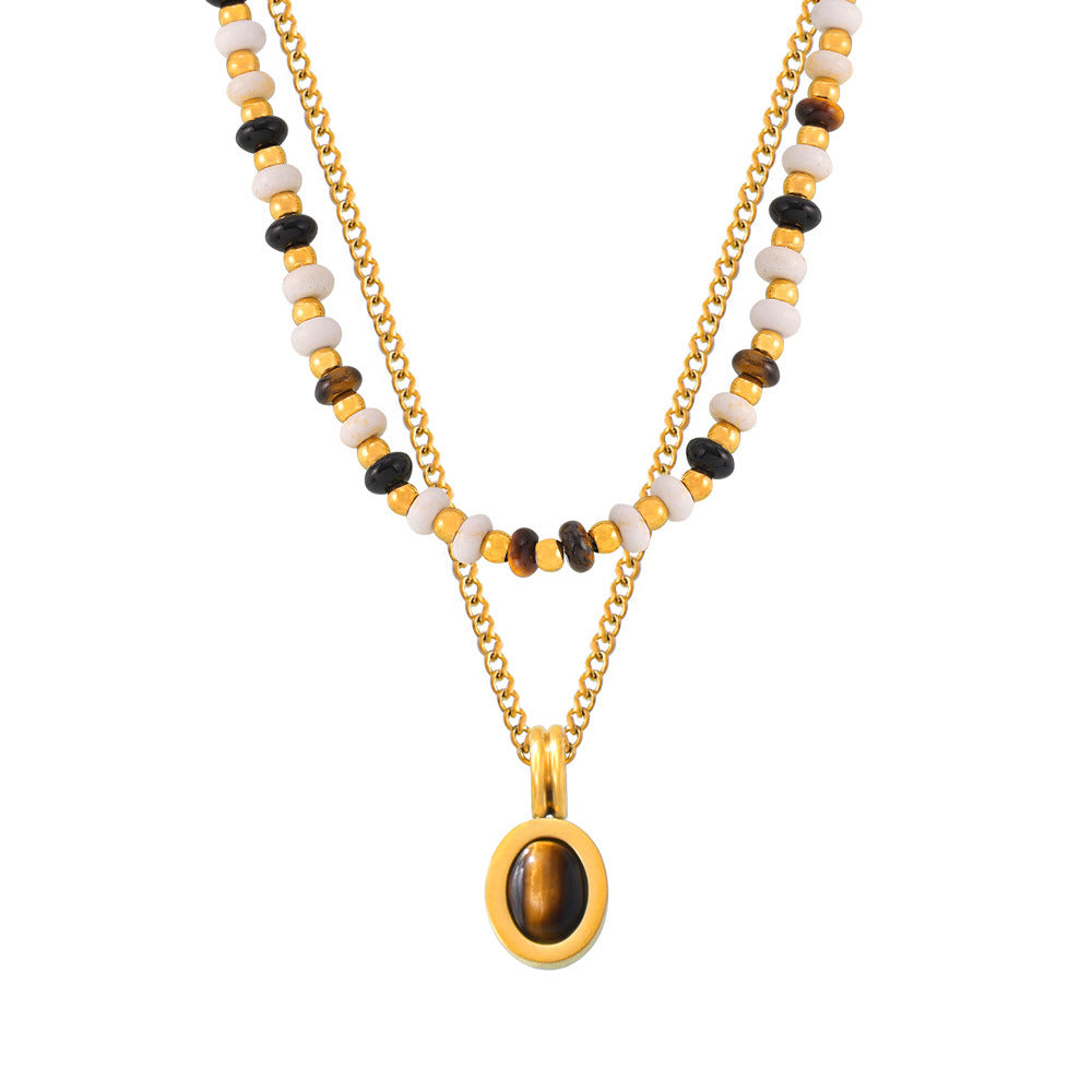 Natural stone beaded design necklace, tiger's eye stone pendant, double-layer stacked wind titanium steel clavicle chain 99