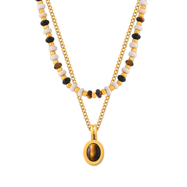 Natural stone beaded design necklace, tiger's eye stone pendant, double-layer stacked wind titanium steel clavicle chain 99
