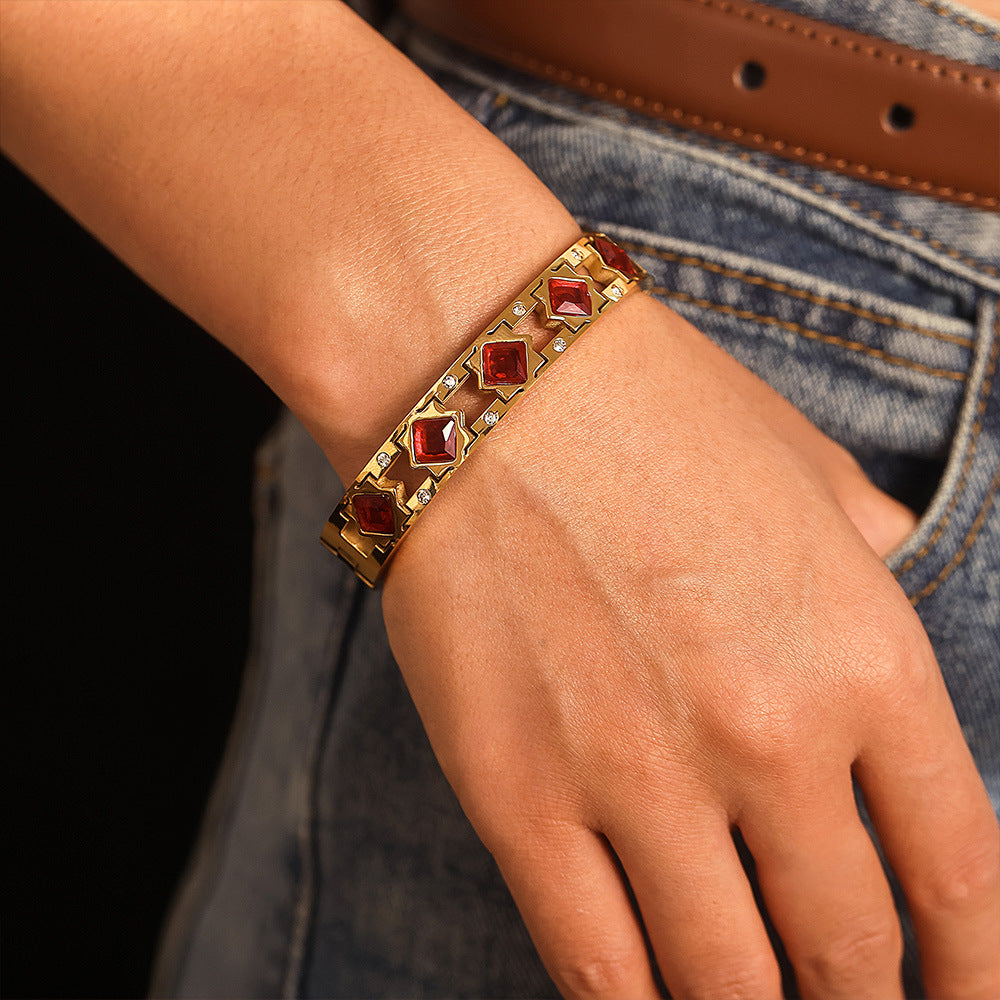 Square zircon glass buckle bracelet luxury temperament jewelry stainless steel PVD plating