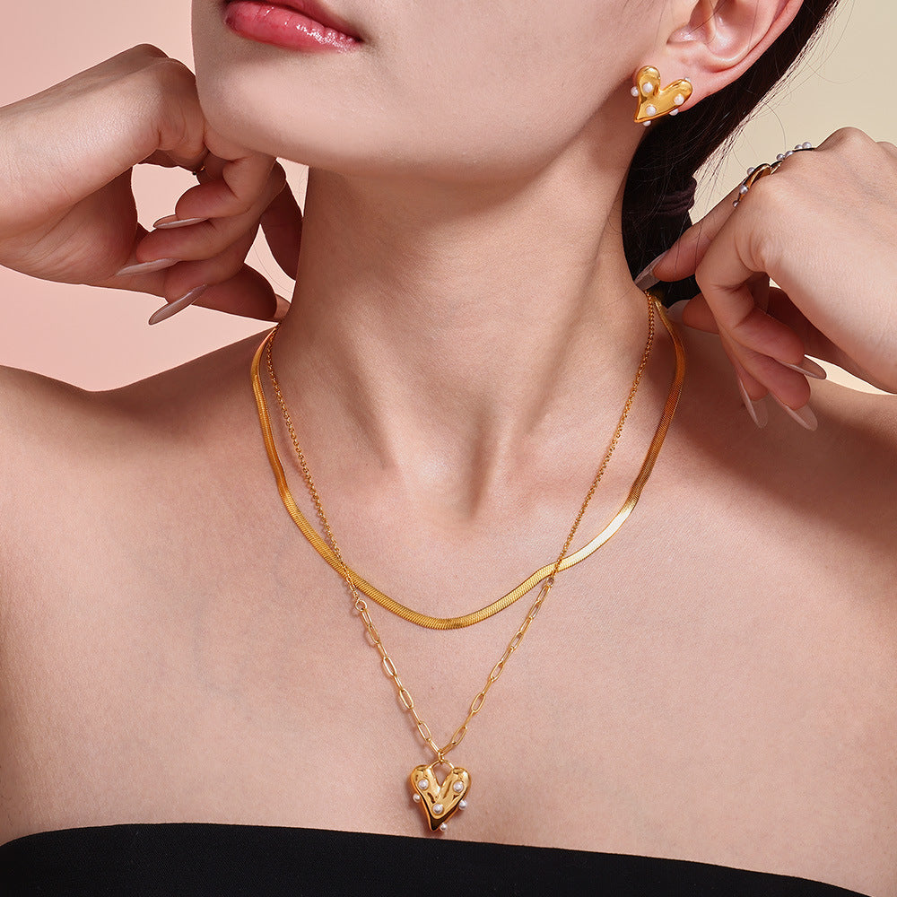 Love Imitation Pearl Jewelry Set Stainless Steel PVD Plated Necklace Earrings Ring Bracelet 99