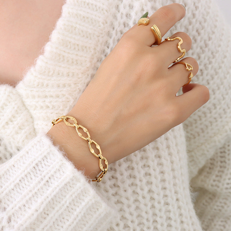 Hip-hop design geometric elements stacked simple bare chain titanium steel plated 18K gold bracelet accessories set pp