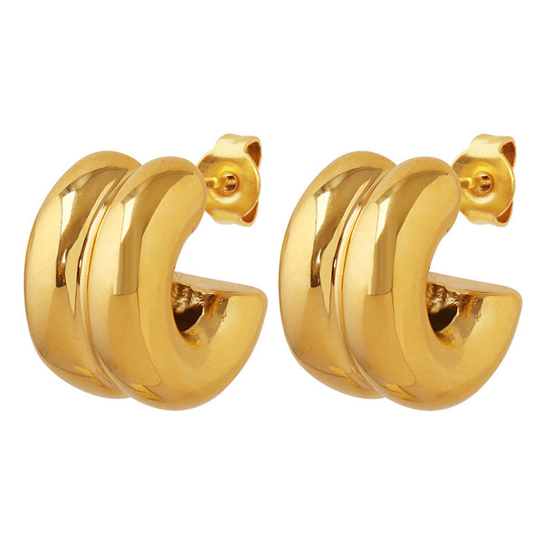 Double-layer C-shaped half-circle mirror earrings women's plated 18K gold stud earrings minimalist retro titanium steel non-fading accessories