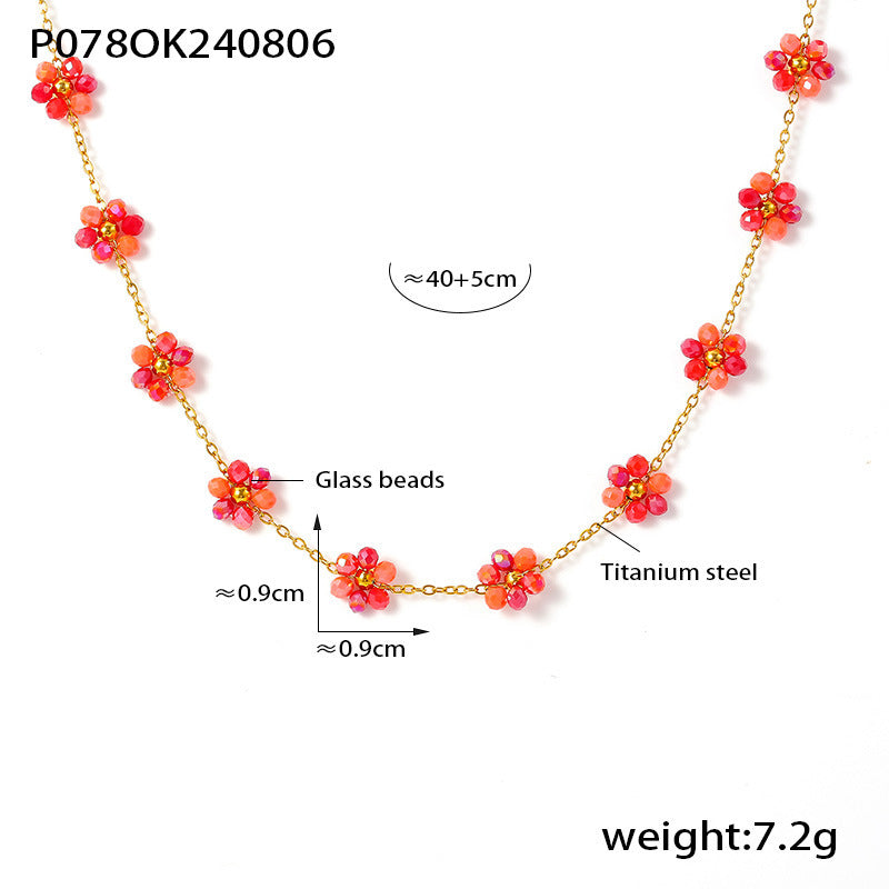 Beaded necklace bracelet anklet handmade girl flower glass bead titanium steel chain jewelry set 99