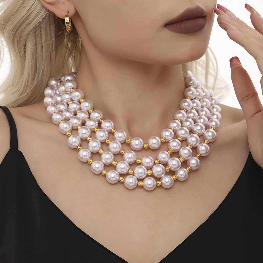 Bead collarbone necklace brass chain buckle imitation pearl light luxury temperament women's jewelry does not fade in stock