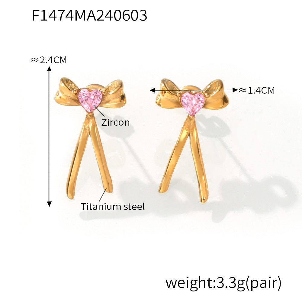 Light luxury bow tassel ribbon stud earrings stainless steel plated 18K real gold fairy earrings spot wholesale