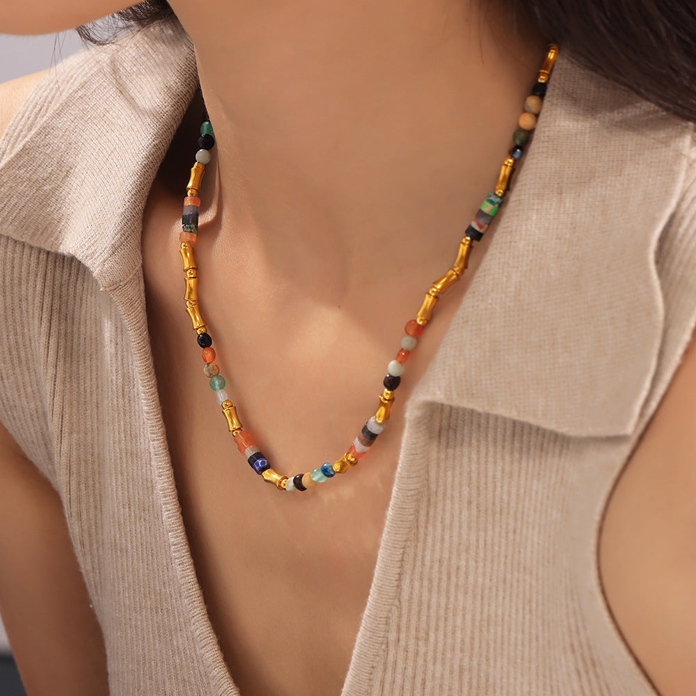 Dopamine Color Natural Stone Beaded Necklace Cross-border Simple Versatile Stainless Steel Clavicle Neck Chain