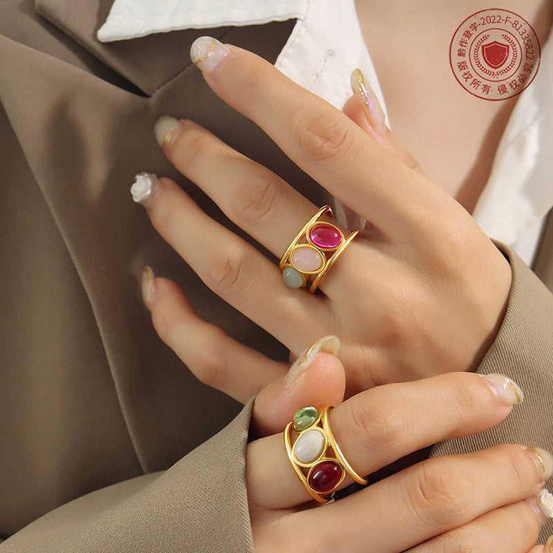 Light luxury retro court style mixed color titanium steel plated 18K gold open ring geometric design jewelry femininity pp