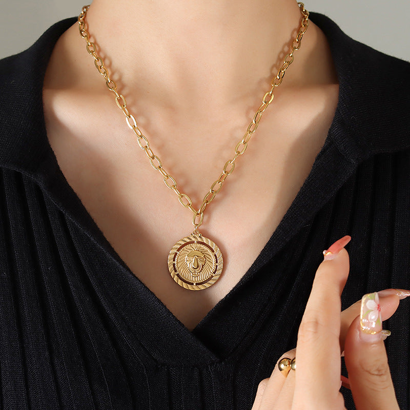 Hip-hop three-layer stacked necklace moon lion round brand pendant collarbone chain titanium steel plated 18K gold jewelry pp