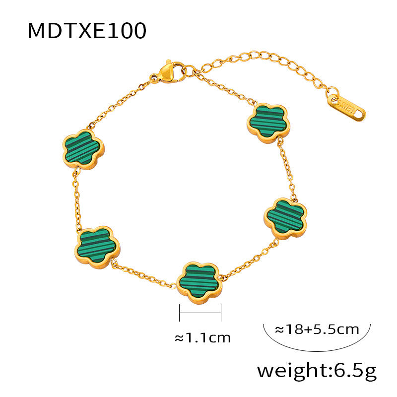 Niche geometric jewelry inlaid with single-sided white shell turquoise design sense flower shape titanium steel jewelry set 99
