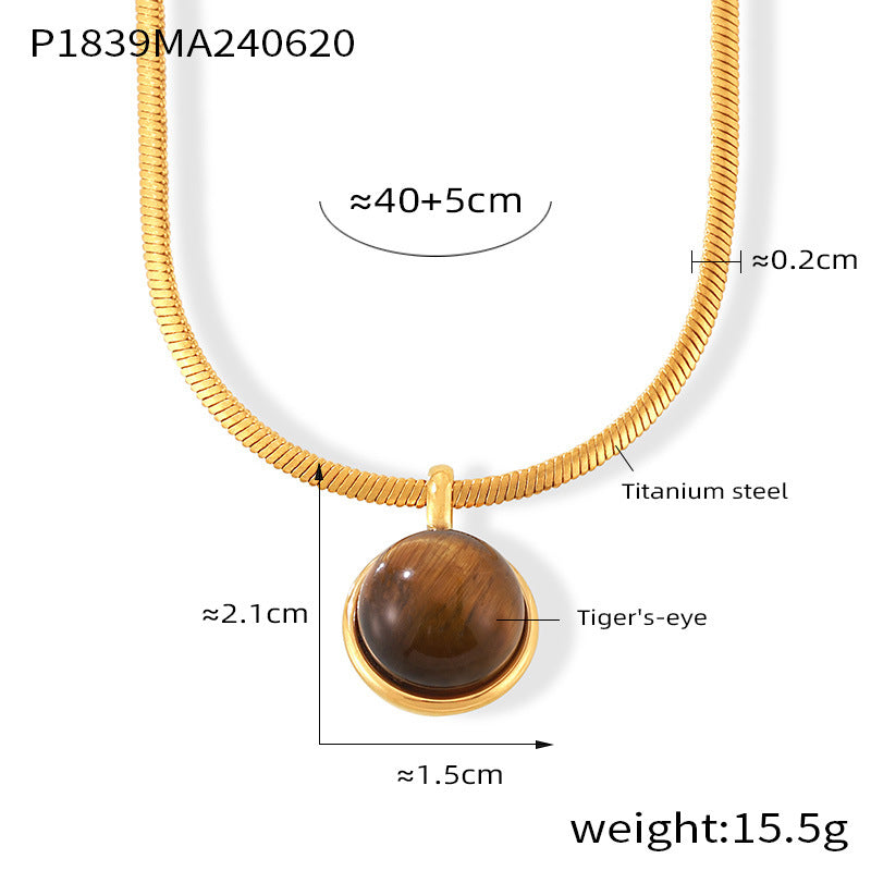 Retro niche personality temperament snake bone chain jewelry geometric inlaid beads tiger eye stone design pendant titanium steel necklace pp