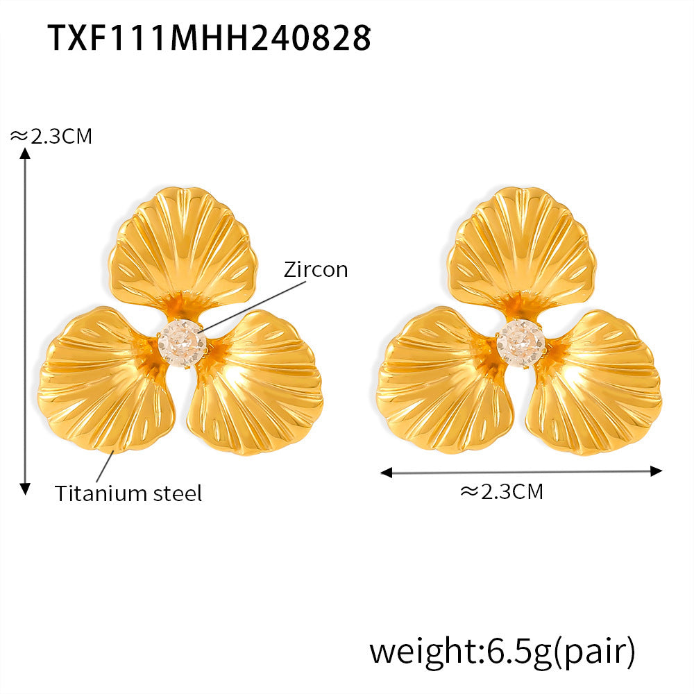 Light Luxury Pearl Flower Ring Titanium Steel 18k Gold Non-Fading Opening Adjustable Ring Fashion Earrings
