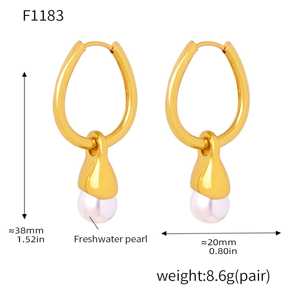 Tassel imitation pearl earrings fashion personalized design titanium steel plated 18k gold light luxury versatile earrings spot