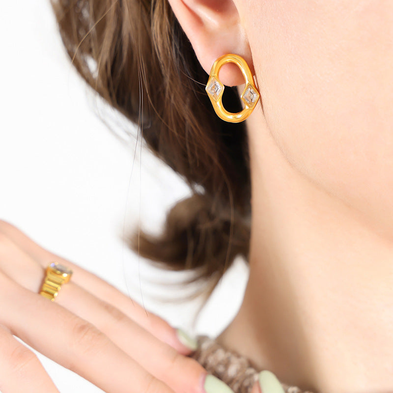 Geometric smooth plain circle niche design titanium steel inlaid rhombus zircon fashion non-fading earrings women's jewelry