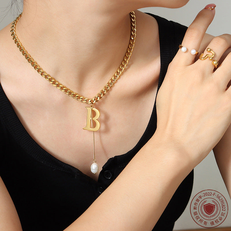 Trend Accessories Letter B Tassel Baroque Freshwater Pearl Necklace Women's Titanium Steel Clavicle Chain P910pp