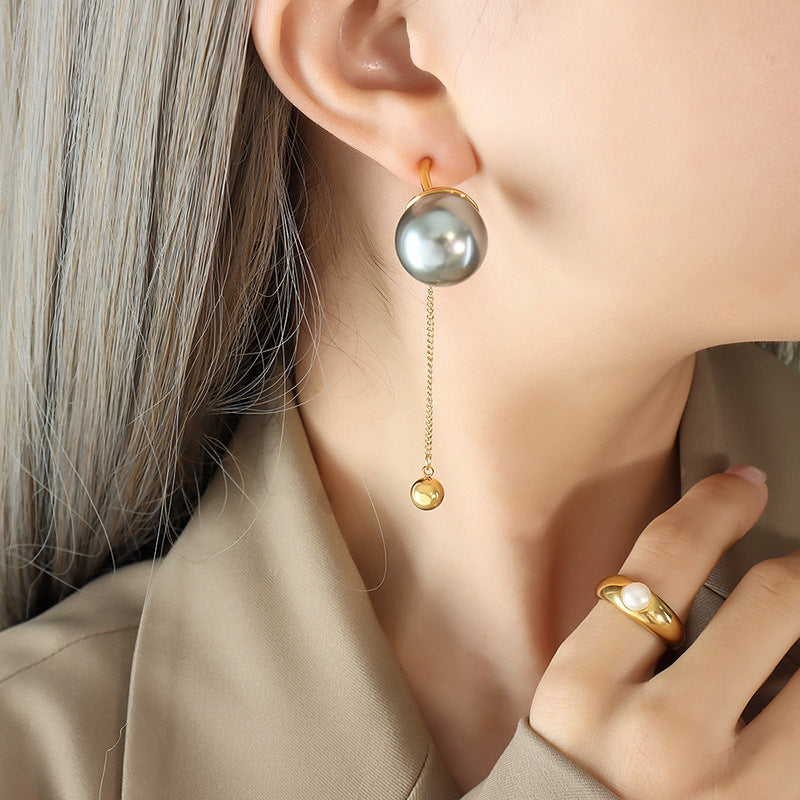 Exaggerated design fashionable personality imitation pearl white gray fringed earrings gold-plated chain steel ball pendant ear jewelry