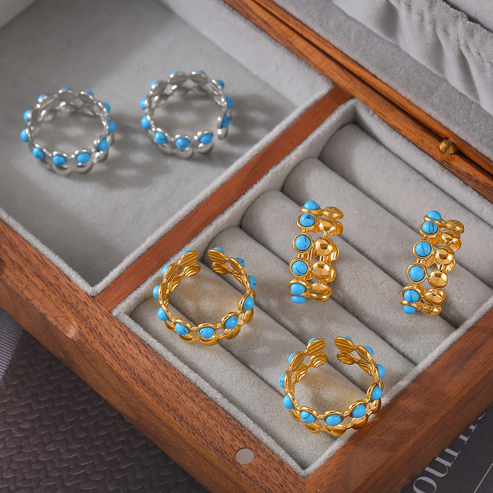 European and American fashion simple personality double-layer jewelry round brand splicing design sense inlaid with blue turquoise titanium steel open ring pp