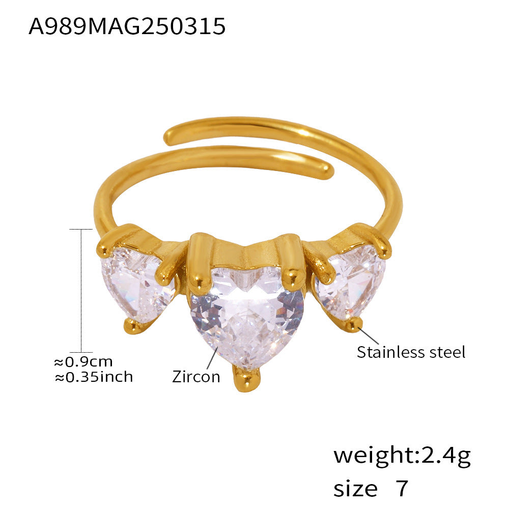 Stainless steel love super flash zircon ring opening adjustable jewelry simple and sweet jewelry