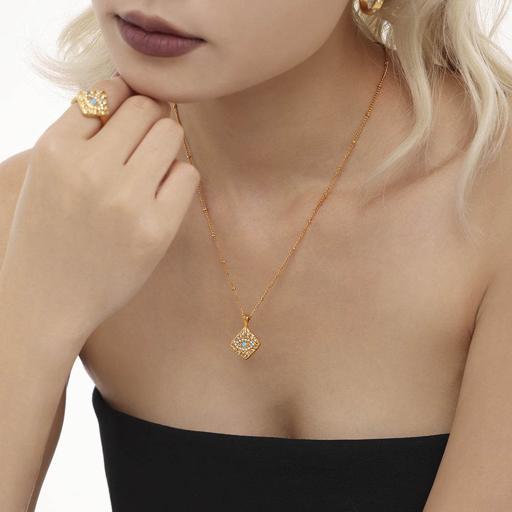 Magic Eye Diamond Square Pendant Clavicle Necklace Fashion Ring Set Titanium Steel PVD Plated 18K Gold