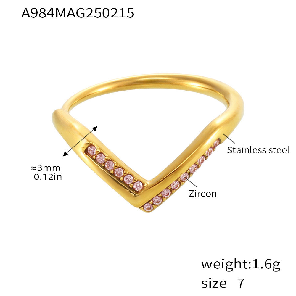 V-shaped diamond 5A zircon side opening adjustable stainless steel ring women's non-fading index finger ring