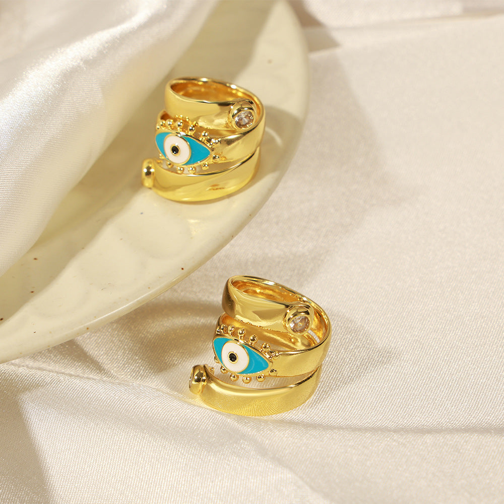 New fashionable retro personalized copper material eye twist enamel color glaze inlaid zircon open ring jewelry pp