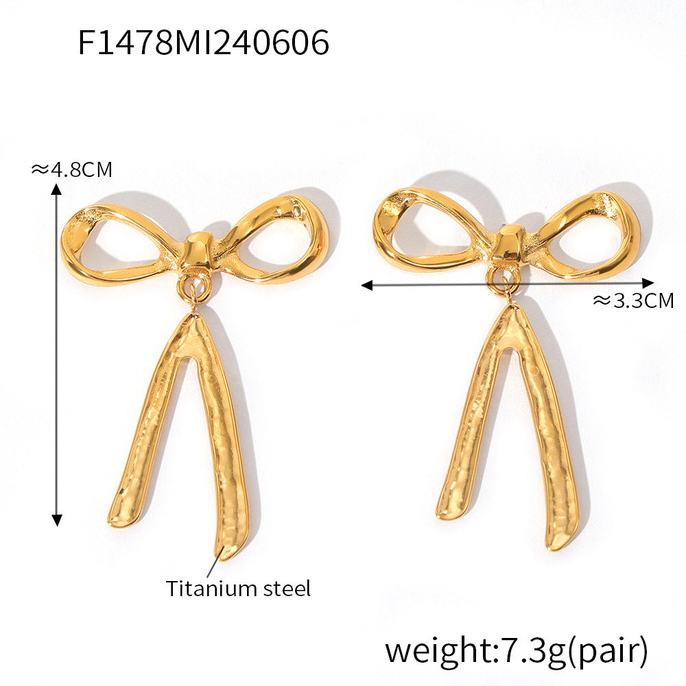 Light luxury bow tassel ribbon stud earrings stainless steel plated 18K real gold fairy earrings spot wholesale