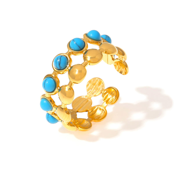 European and American fashion simple personality double-layer jewelry round brand splicing design sense inlaid with blue turquoise titanium steel open ring pp