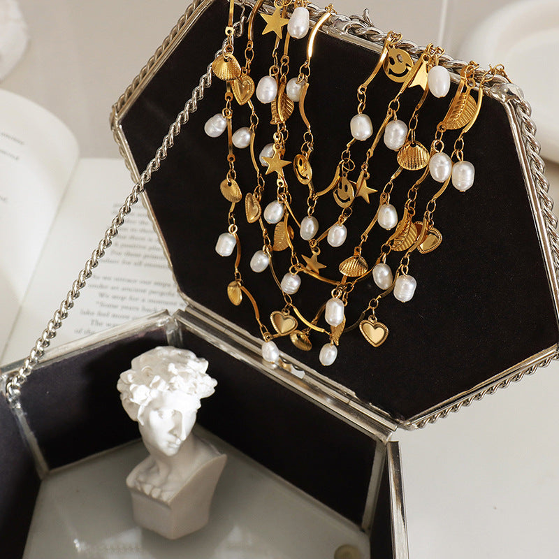 Baroque Natural Freshwater Pearl Tassel Geometric Necklace Versatile Trend Light Luxury Bracelet Jewelry Set