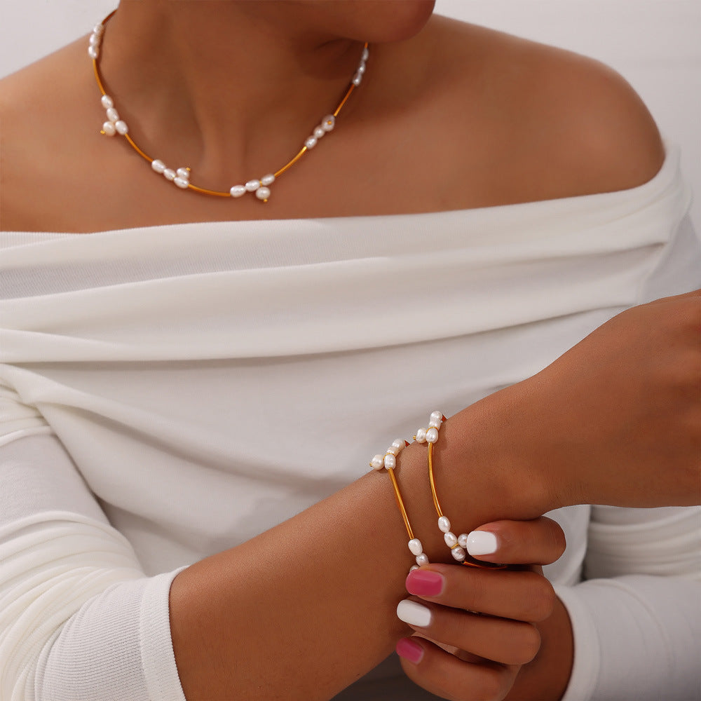 Light luxury temperament elegant jewelry geometric freshwater pearl beaded design titanium steel jewelry set