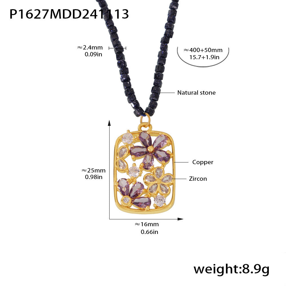 Color zircon small flower copper pendant necklace natural stone handmade beaded sugar cube luxury collarbone accessories spot
