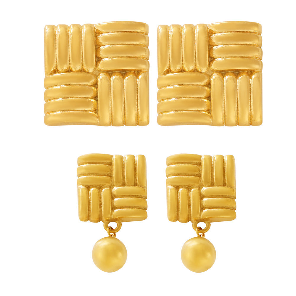 Retro knitted texture square brand ball pendant earrings plated with 18k gold titanium steel fashionable personalized fringed earrings