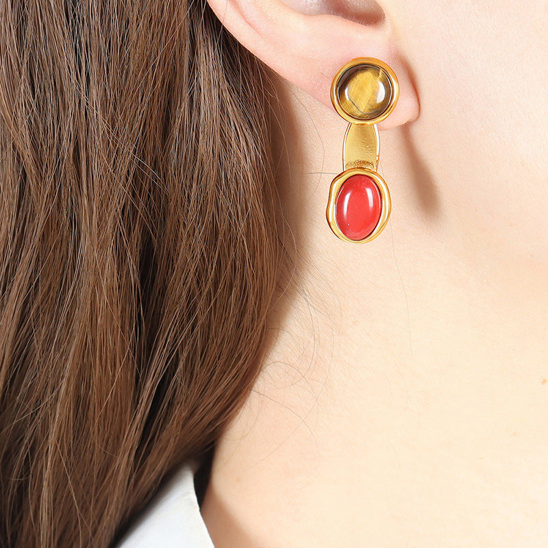 Autumn and winter titanium steel design detachable two wear inlaid colored natural stone earrings simple retro earrings jewelry women's pp