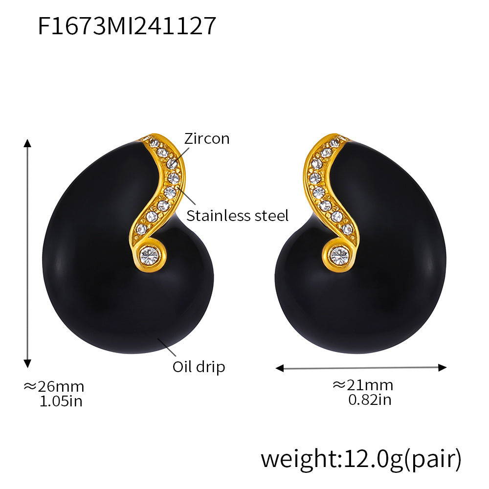 Court stud earrings Conch blue zircon titanium steel PVD gold-plated enamel color glaze simple color-retaining earrings