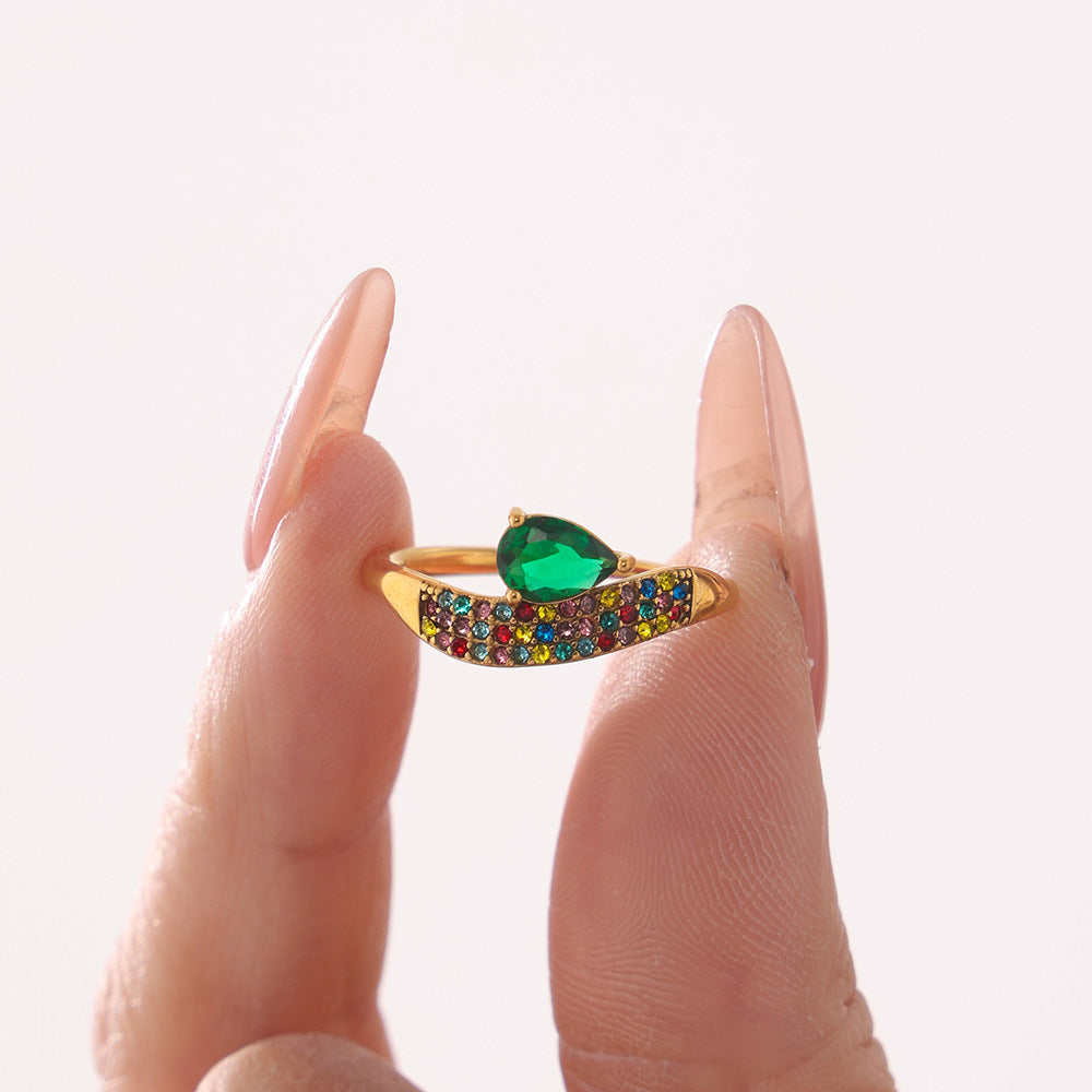 Super flash full diamond zircon water drop ring design sense niche light luxury titanium steel plated 18k gold index finger ring