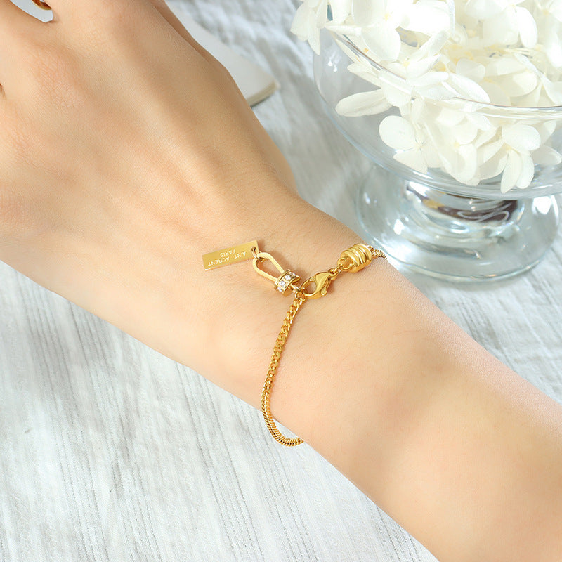 inlaid zircon lettering square brand pendant bracelet retro minimalist design hand jewelry titanium steel plated with 18K gold