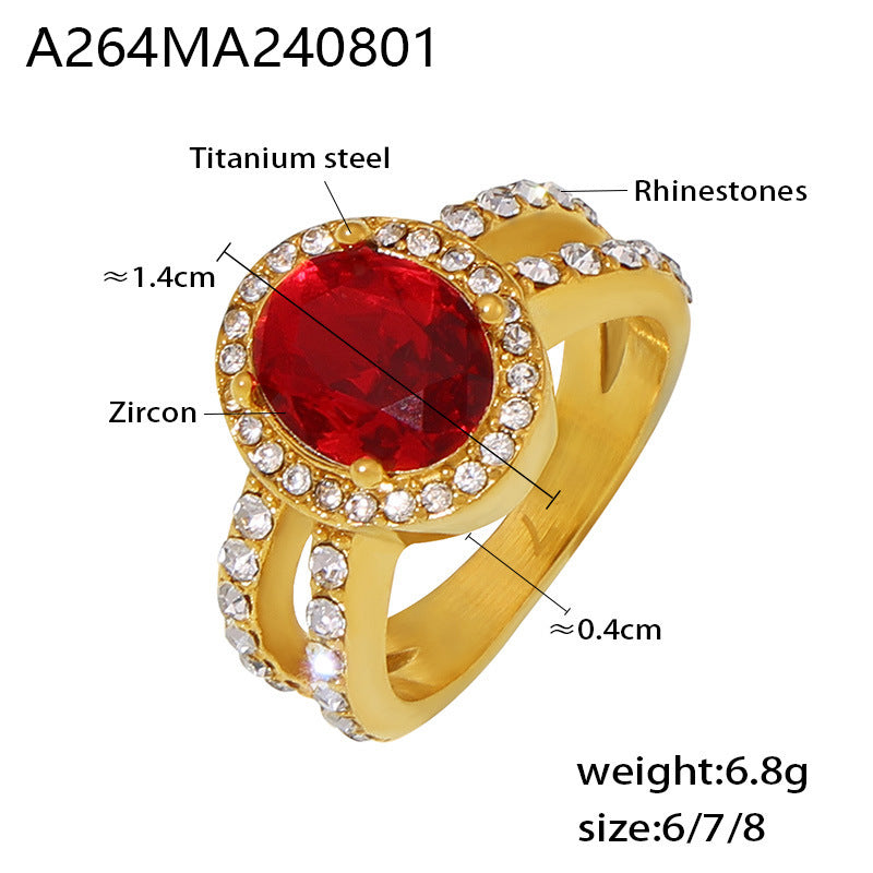 Luxury retro diamond-set oval zircon ring titanium steel 18k plated real gold temperament court style ring female pp