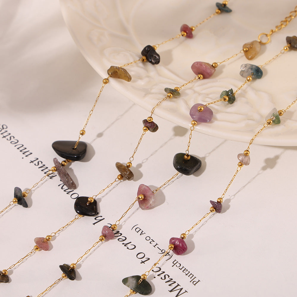 Colored natural gravel necklace bracelet New irregular stainless steel jewelry set for women