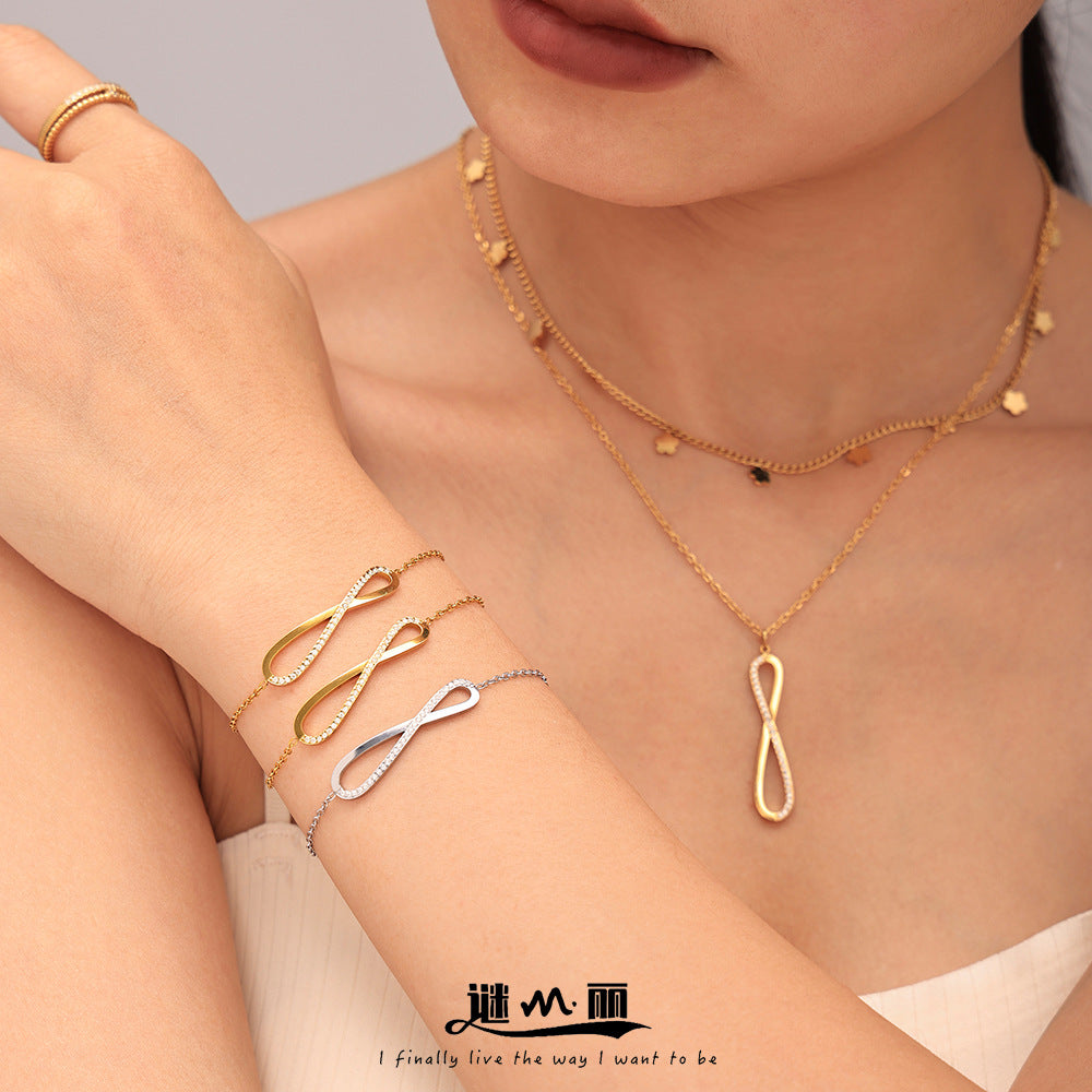 8-character CNC inlaid zircon strip double-layer necklace niche bracelet stainless steel jewelry set 99