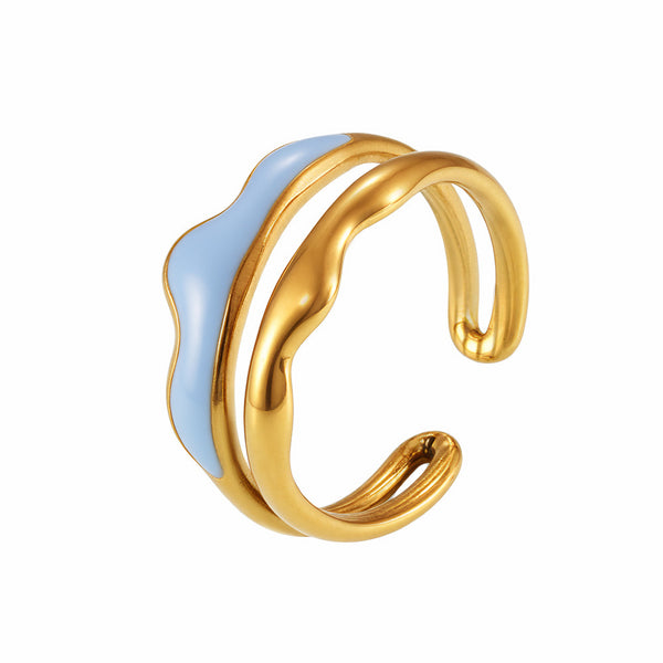 Weight color glaze double layer wave ring temperament creative opening stainless steel plated real gold does not fade jewelry women
