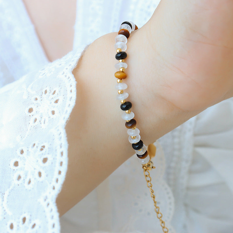 High-end natural bracelet, white jade, black agate, tiger's eye stone, personalized handmade beaded fashion bracelet, commuter women's jewelry.