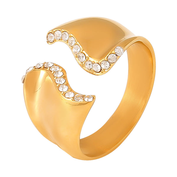Diamond Set Irregular Open Ring 18k Gold Stainless Steel Neutral Cold Wind Non-Adjustable Ring