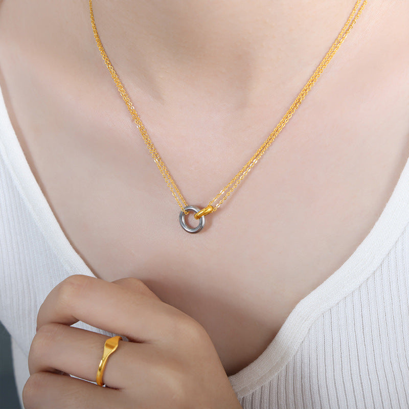 Fashion commuter personality elegant double-ring interlocking double-layer chain stacked wearing wind versatile titanium steel gold-plated necklace jewelry women