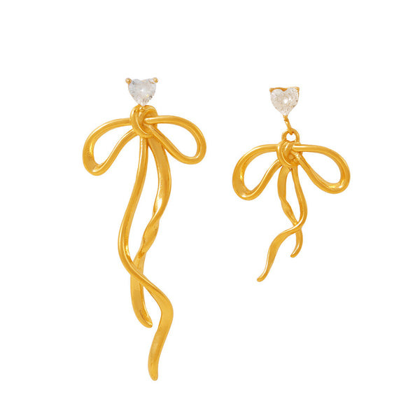 Zircon ribbon bow fringed earrings niche sweet design asymmetric titanium steel earrings women