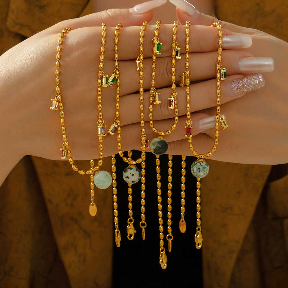 Hot-selling niche rice bead chain inlaid with colored zirconium design jewelry personalized natural stone pendant titanium steel necklace