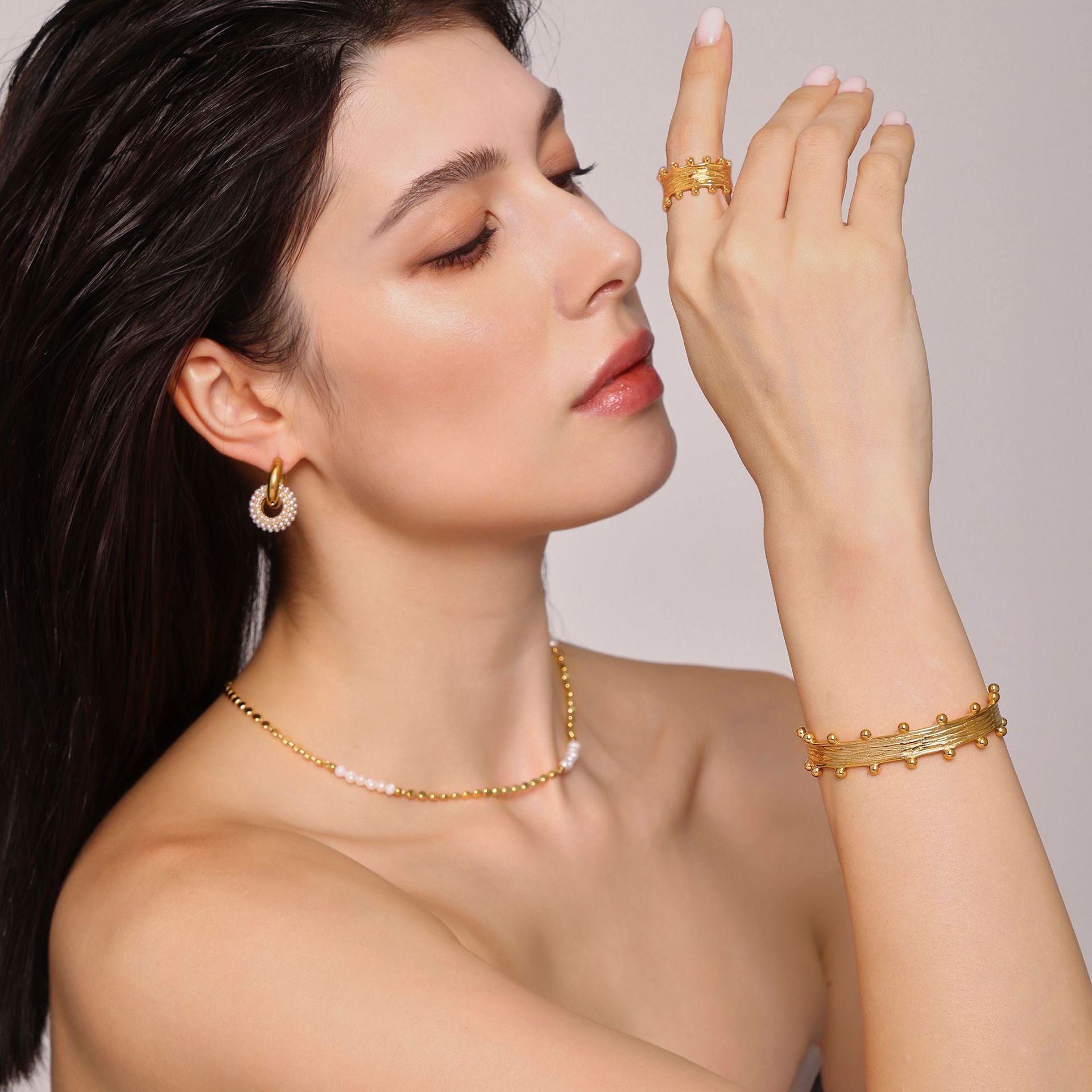 C-Shaped Brushed Ball Open Bracelet Fashion Ring Ring Set Stainless Steel PVD Plated 18K Gold Jewelry 99
