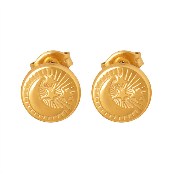 Factory direct sales, niche design, ear-raising, personalized fashion earrings, titanium steel gold-plated relief stars, moon temperament stud earrings