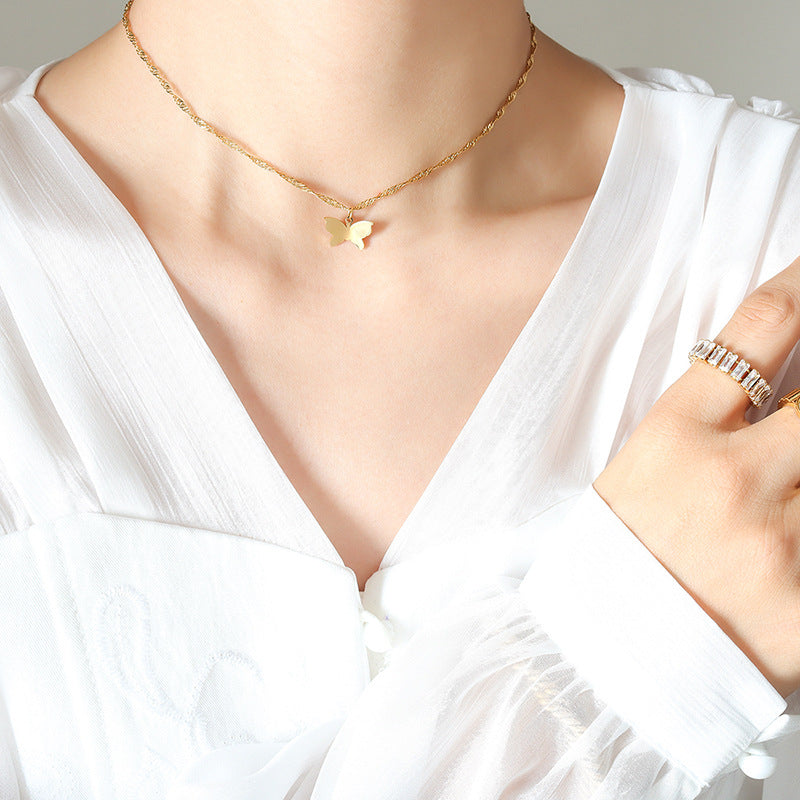 Trendy style personality temperament dancing fairy butterfly titanium steel gold-plated necklace niche design short jewelry woman