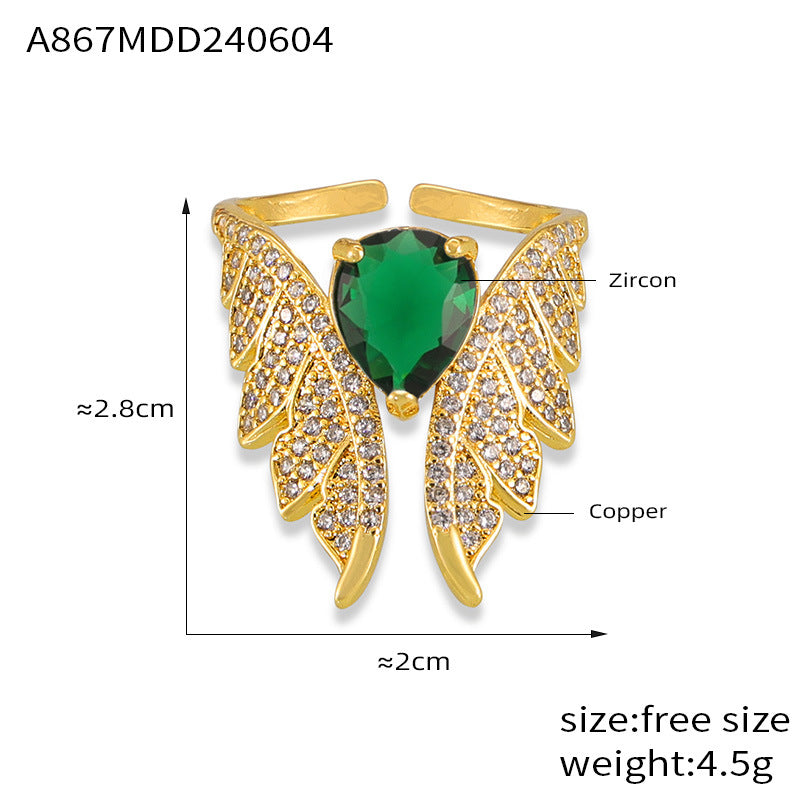 Temperament elegant copper inlaid zircon ring geometric wings diamond design ring accessories ring