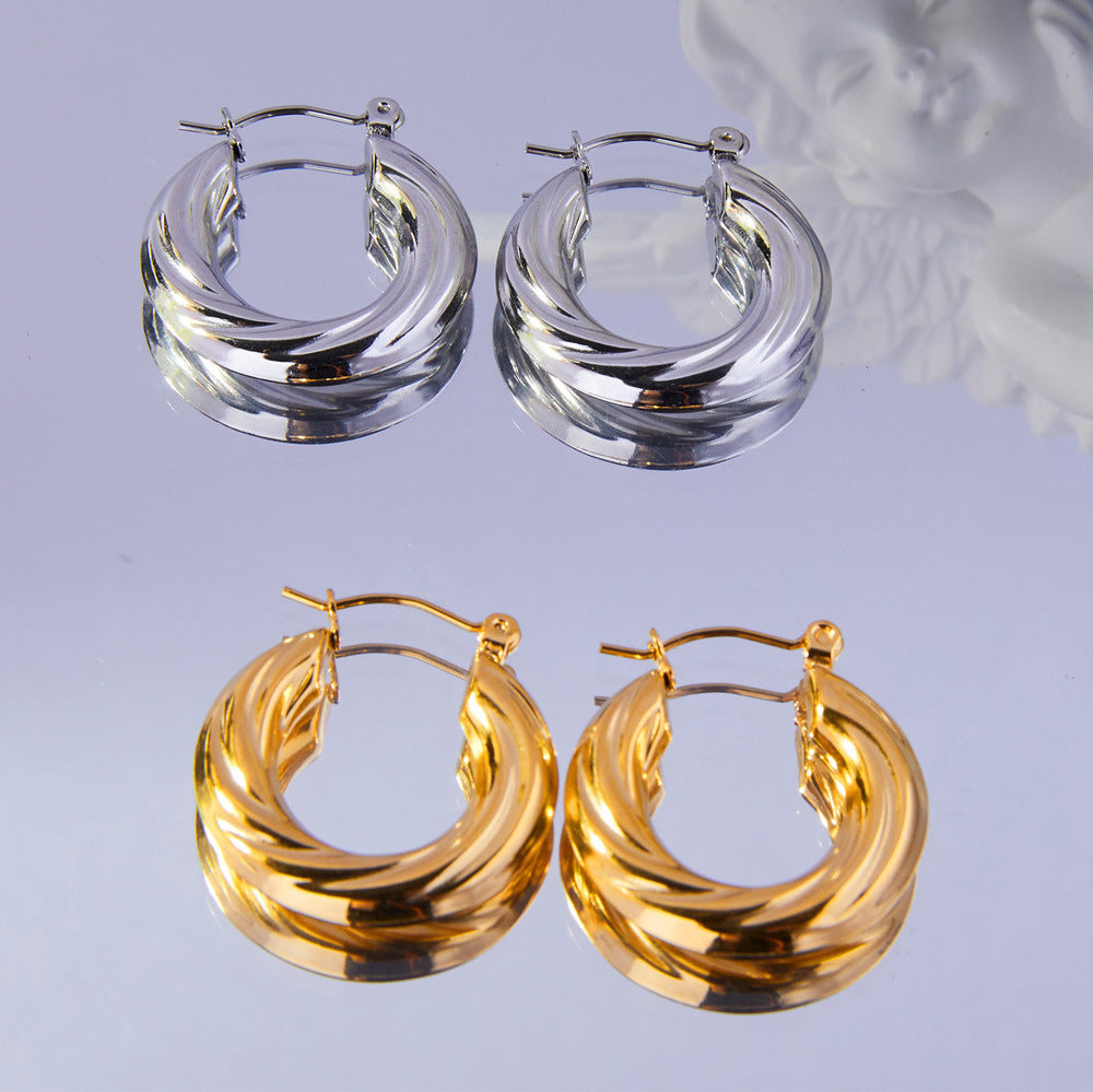 Fashion Commuter Simple Personality Twist Earrings Titanium Steel Gold Plated Geometric Multi-layer Texture Design Sense Earrings